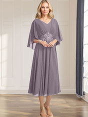 A-line V-Neck Tea-Length Chiffon Mother of the Bride Dress With Pleated Sequins Appliques Lace Beadind