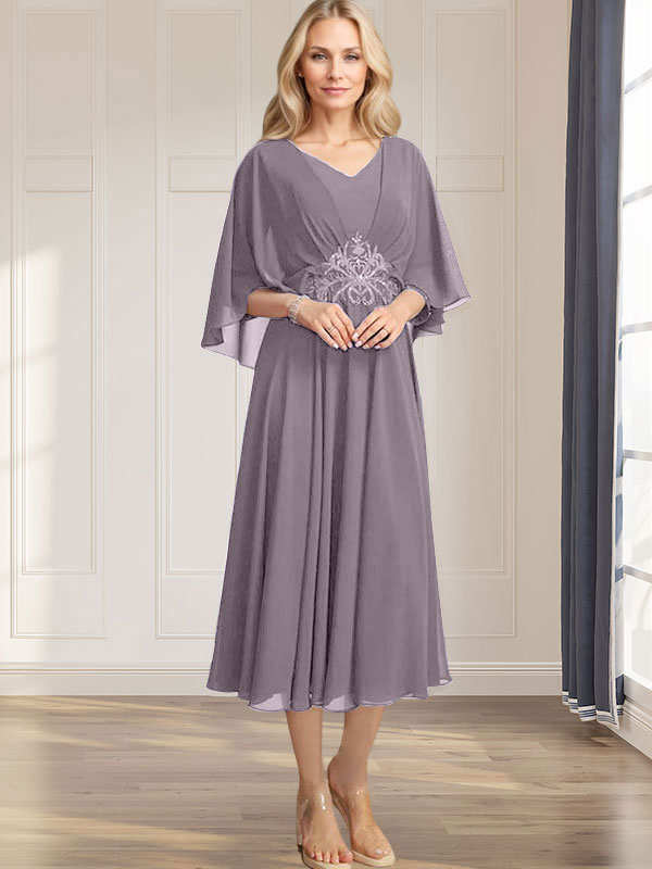 A-line V-Neck Tea-Length Chiffon Mother of the Bride Dress With Pleated Sequins Appliques Lace Beadind