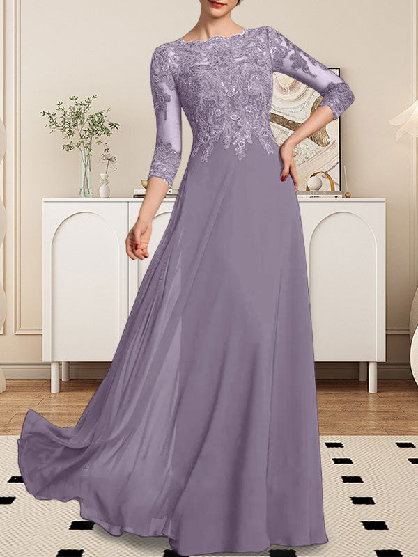 A-line Scoop Floor-Length Lace Chiffon Mother of the Bride Dress With Sequins