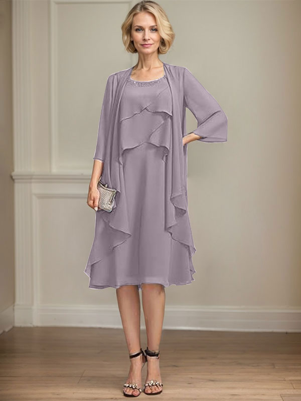 A-line Scoop Knee-Length Chiffon Mother of the Bride Dress With Beading