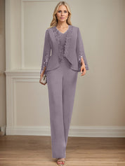 Separates Jumpsuit/Pantsuit V-Neck Floor-Length Chiffon Mother of the Bride Dress