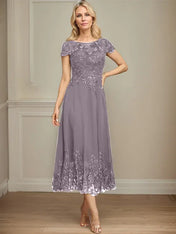 A-line Illusion Scoop Tea-Length Lace Chiffon Mother of the Bride Dress With Sequins