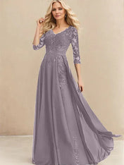 A-line V-Neck Floor-Length Lace Chiffon Mother of the Bride Dress With Sequins