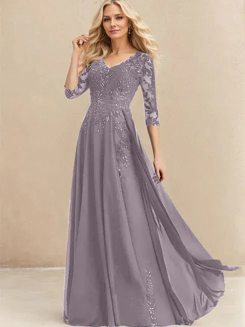A-line V-Neck Floor-Length Lace Chiffon Mother of the Bride Dress With Sequins