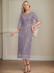 Sheath/Column Scoop Tea-Length Lace Chiffon Mother of the Bride Dress