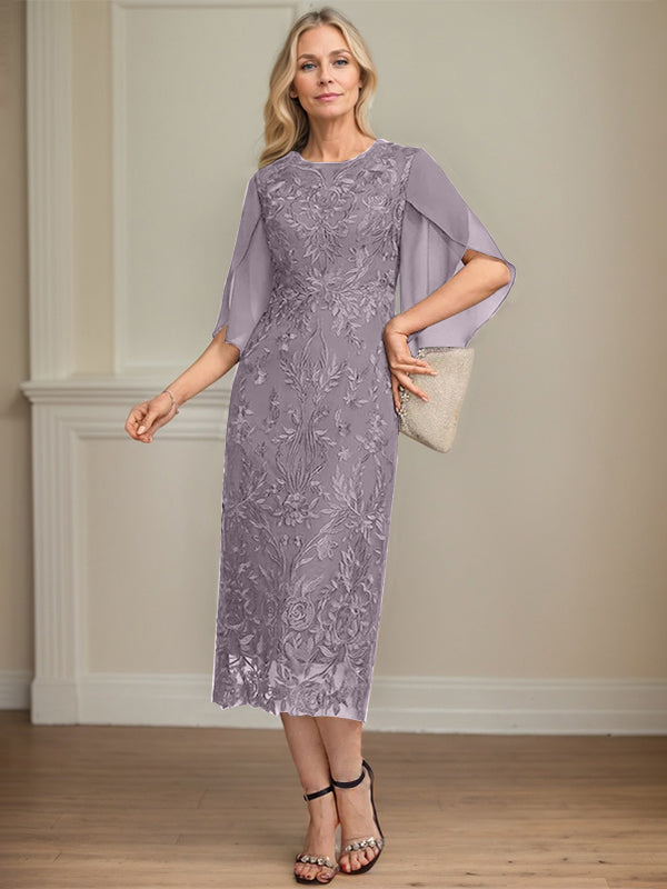 Column Scoop Tea-Length Lace Chiffon Mother of the Bride Dress