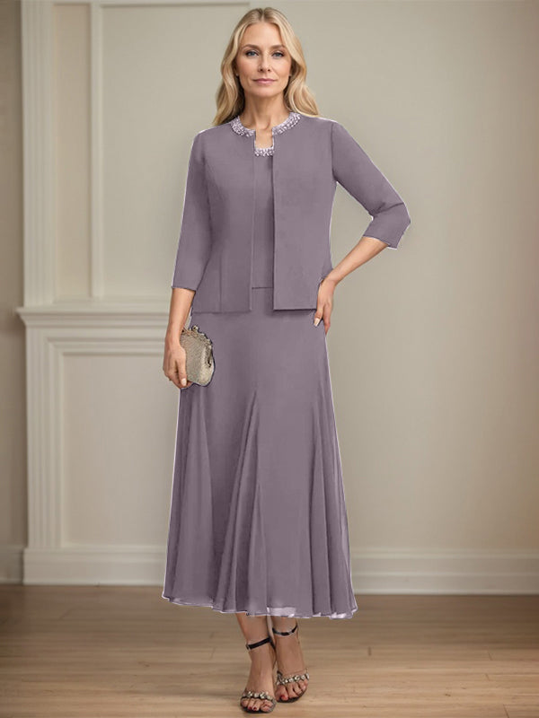 Separates A-line Scoop Tea-Length Chiffon Mother of the Bride Dress With Sequins Beading