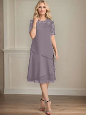 A-line Scoop Illusion Knee-Length Lace Chiffon Mother of the Bride Dress With Sequins