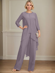 Separates Jumpsuit/Pantsuit Scoop Floor-Length Chiffon Mother of the Bride Dress With Sequins Beading
