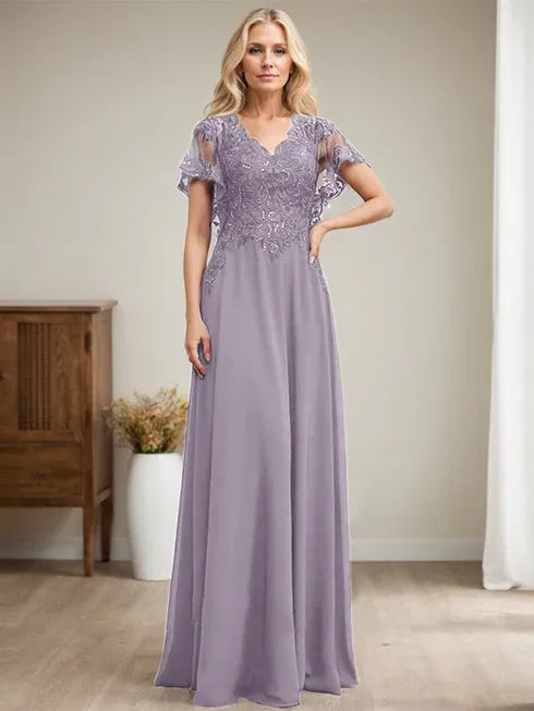 A-line V-Neck Floor-Length Lace Chiffon Mother of the Bride Dress With Sequins
