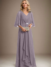 A-line V-Neck Floor-Length Chiffon Mother of the Bride Dress With Cascading Ruffles Crystal Brooch