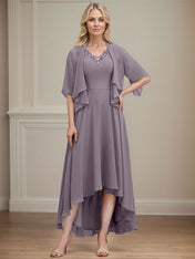 A-line V-Neck Asymmetrical Chiffon Mother of the Bride Dress With Beading Sequins