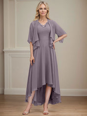 A-line V-Neck Asymmetrical Chiffon Mother of the Bride Dress With Beading Sequins