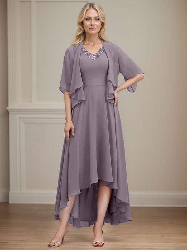 A-line V-Neck Asymmetrical Chiffon Mother of the Bride Dress With Beading Sequins