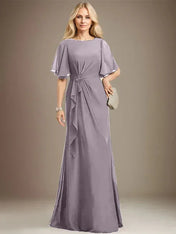 A-line Scoop Floor-Length Chiffon Mother of the Bride Dress With Cascading Ruffles Beading Sequins