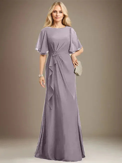 A-line Scoop Floor-Length Chiffon Mother of the Bride Dress With Cascading Ruffles Beading Sequins