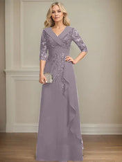 A-line Collared V-Neck Floor-Length Lace Chiffon Mother of the Bride Dress With Sequins Cascading Ruffles