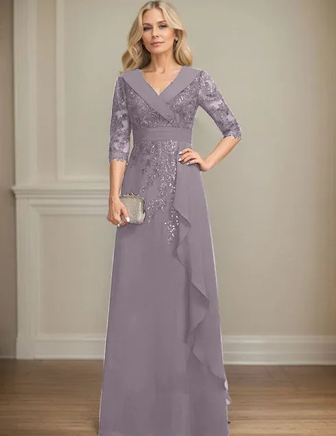 Robe de mère de la mariée trapèze, col en V, longueur au sol, en mousseline de soie et dentelle, avec volants en cascade et paillettes 