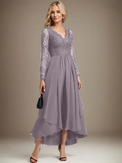 A-line V-Neck Asymmetrical Lace Chiffon Mother of the Bride Dress