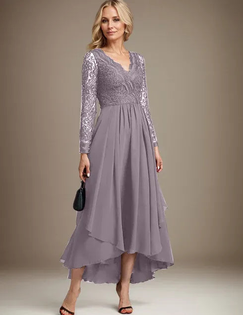 Robe de mère de la mariée asymétrique en mousseline de soie et dentelle, coupe trapèze et col en V 