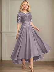 A-line Scoop Illusion Asymmetrical Chiffon Lace Mother of the Bride Dress With Sequins