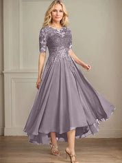 Robe de mère de la mariée asymétrique en mousseline de soie et dentelle, coupe trapèze, décolleté en V, illusion, avec paillettes 