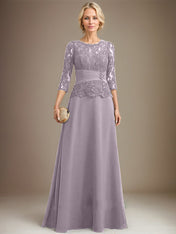 A-line Scoop Illusion Floor-Length Chiffon Lace Mother of the Bride Dress With Pleated Sequins Beading