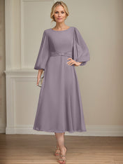 A-line Scoop Tea-Length Chiffon Mother of the Bride Dress With Crystal Brooch Pleated
