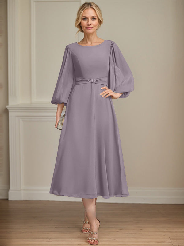 A-line Scoop Tea-Length Chiffon Mother of the Bride Dress With Crystal Brooch Pleated