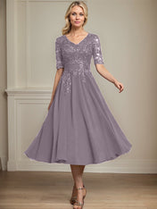 A-line V-Neck Tea-Length Lace Chiffon Mother of the Bride Dress With Sequins