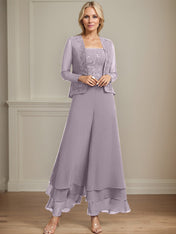 Separates Jumpsuit/Pantsuit Square Ankle-Length Lace Chiffon Mother of the Bride Dress With Sequins