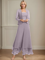 Robe de mère de la mariée en mousseline de soie, longueur cheville, avec sequins, combinaison/tailleur carré 