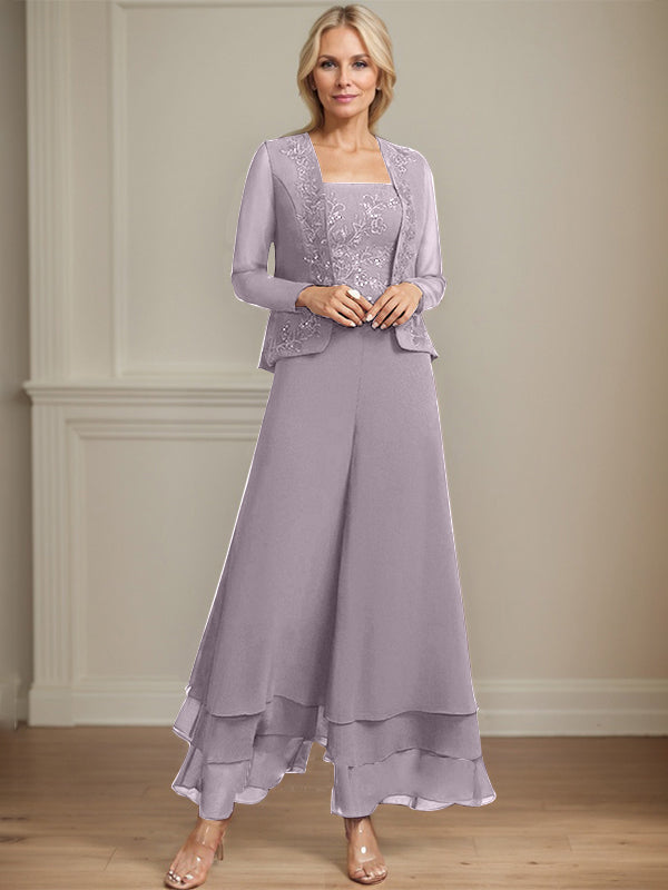 Robe de mère de la mariée en mousseline de soie, longueur cheville, avec sequins, combinaison/tailleur carré 