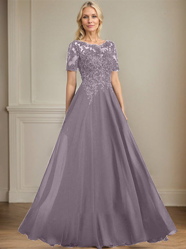 A-line Scoop Illusion Floor-Length Chiffon Lace Mother of the Bride Dress With Sequins Beading