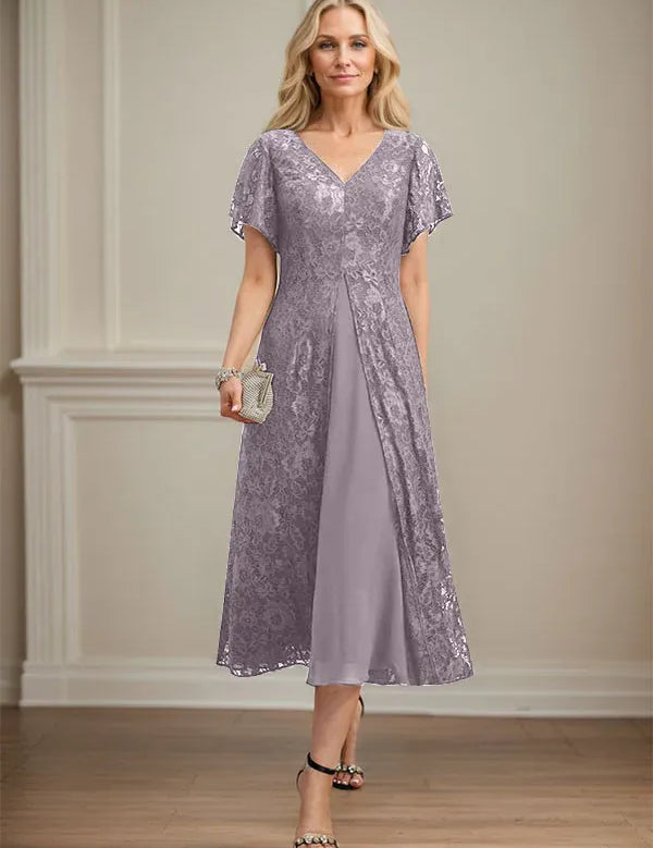 A-line V-Neck Tea-Length Lace Chiffon Mother of the Bride Dress