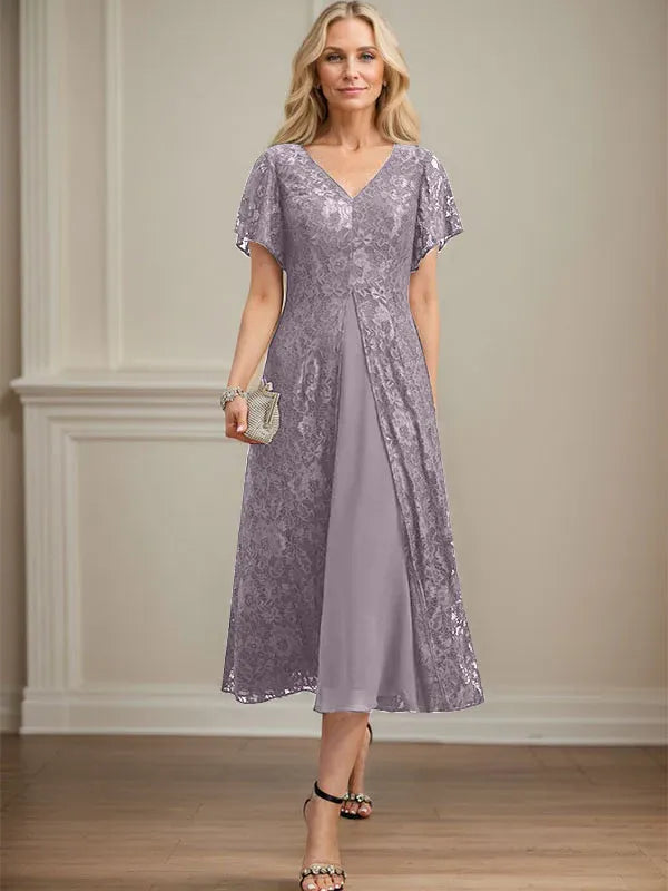 Robe de mère de la mariée en mousseline de soie, coupe trapèze, col en V et longueur thé 