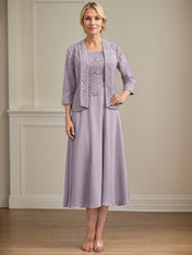 A-line Scoop Tea-Length Lace Chiffon Mother of the Bride Dress