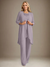 Chiffon Scoop Long Sleeves Mother Of The Bride Pantsuits With Jacket