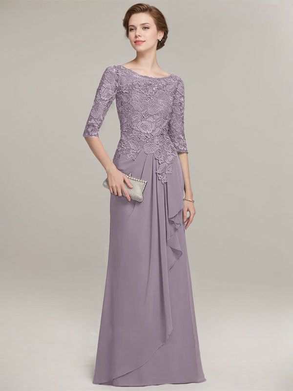 A-line Scoop Illusion Floor-Length Lace Chiffon Mother of the Bride Dress With Cascading Ruffles
