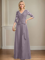 A-line V-Neck Floor-Length Lace Chiffon Mother of the Bride Dress With Cascading Ruffles Sequins