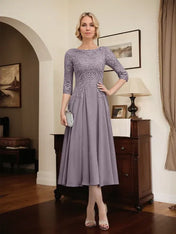 A-line Scoop Illusion Tea-Length Chiffon Lace Mother of the Bride Dress With Beading Sequins