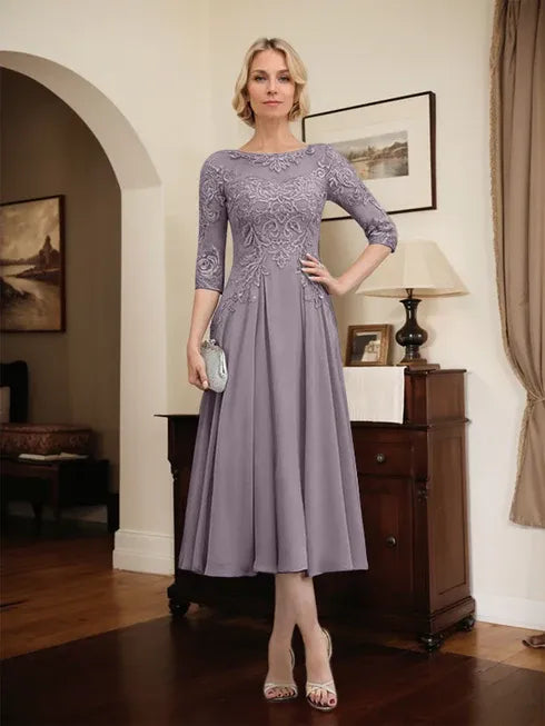 A-line Scoop Illusion Tea-Length Chiffon Lace Mother of the Bride Dress With Beading Sequins
