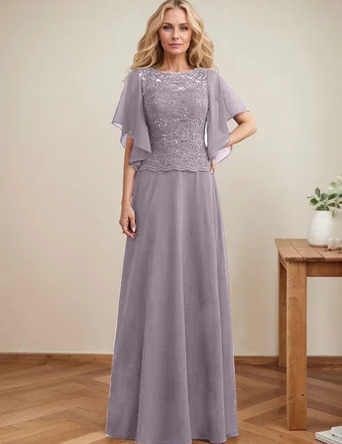 A-line Scoop Illusion Floor-Length Lace Chiffon Mother of the Bride Dress With Sequins