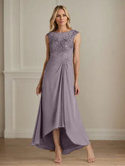 Champagne A-Line Scoop Lace Chiffon Dress