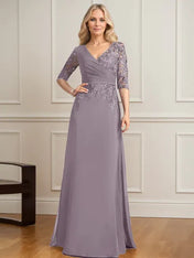 A-line V-Neck Floor-Length Lace Chiffon Mother of the Bride Dress With Pleated Sequins