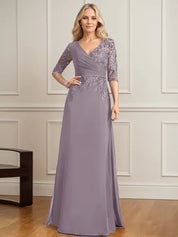 Robe de mère de la mariée trapèze, col en V, longueur au sol, en mousseline de soie et dentelle, avec sequins plissés 