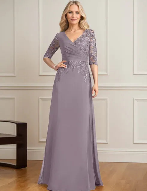 Robe de mère de la mariée trapèze, col en V, longueur au sol, en mousseline de soie et dentelle, avec sequins plissés 