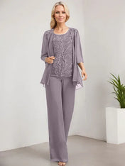 Separates Jumpsuit/Pantsuit Scoop Floor-Length Lace Chiffon Mother of the Bride Dress With Sequins