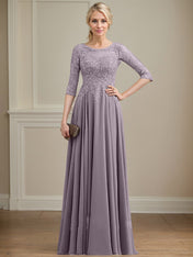 A-line Scoop Illusion Floor-Length Lace Chiffon Mother of the Bride Dress With Sequins