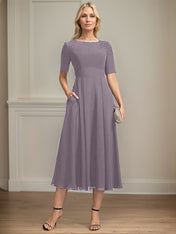 A-line Scoop Tea-Length Chiffon Mother of the Bride Dress With Appliques Lace Sequins